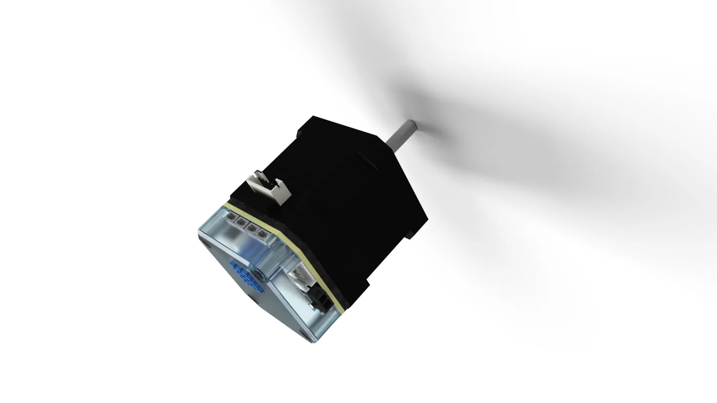 3D render of CANStepper Adapter Board mounted on a NEMA 17 stepper motor