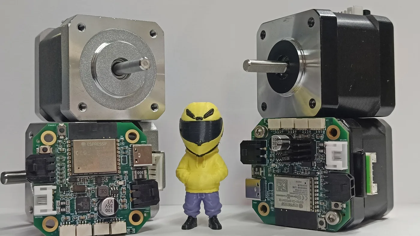 Two CANStepper boards mounted on NEMA 17 motors for multi-axis control