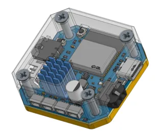 CANStepper V1 mechanical assembly render — board, heatsink, and NEMA 17 mount