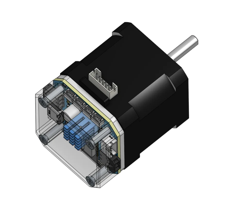 Transparent enclosure render of CANStepper Adapter Board mounted on a NEMA 17 motor
