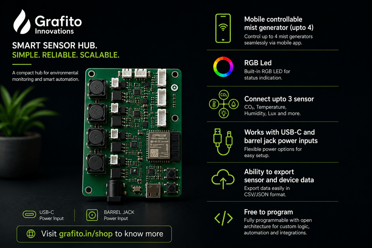 Grafito smart sensor hub with mobile controllable mist generator channels RGB LED sensor inputs USB C barrel jack and data export features