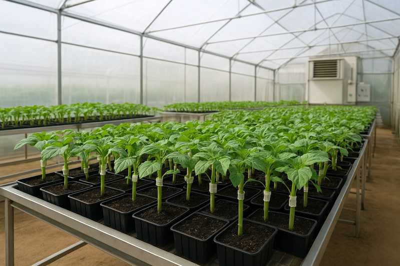 Professional vegetable grafting infrastructure setup with controlled environment chambers