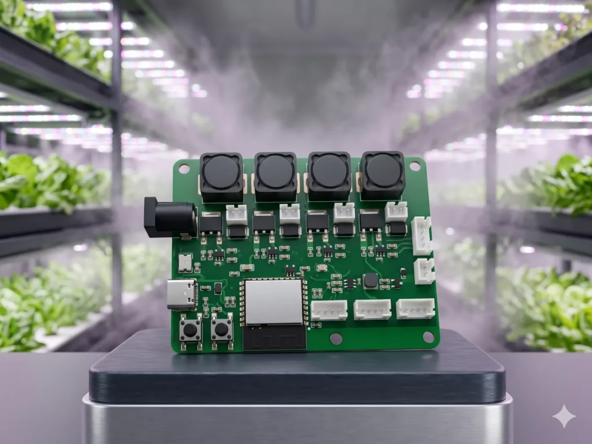 Grafito IoT controller board PCB — 4-channel piezo mist driver with temperature, humidity, CO2, and lux sensor inputs
